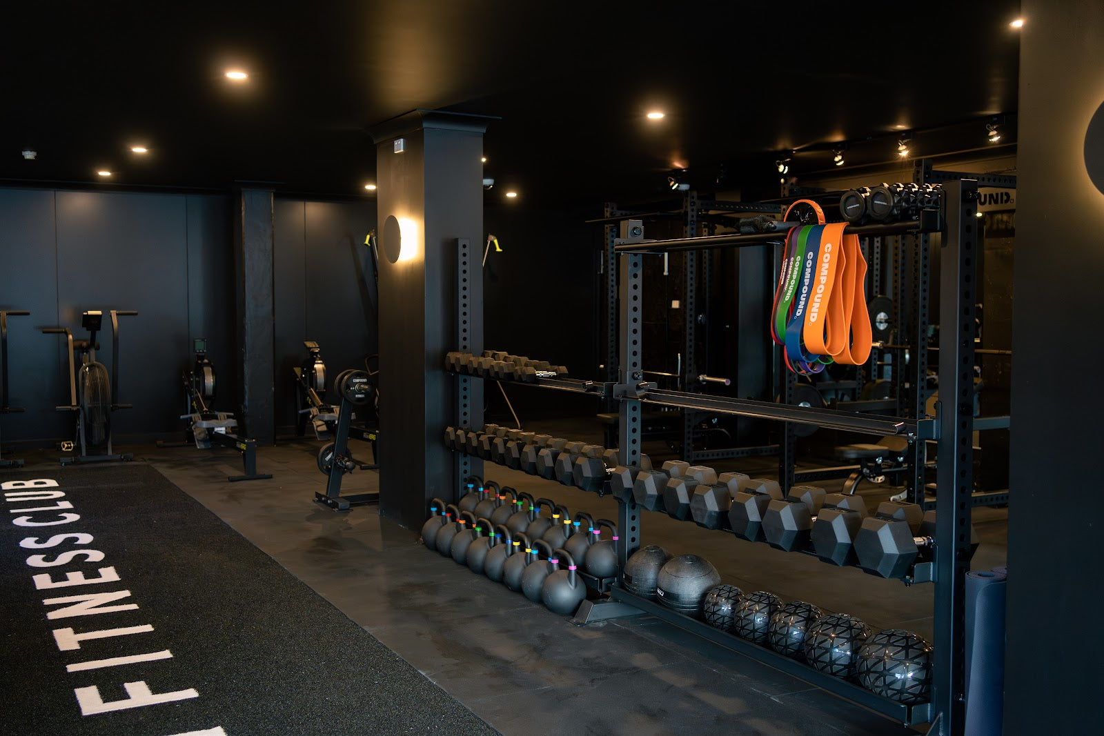 Dumbbell wall and rig with branded turf in a boutique gym by Compound Fitness