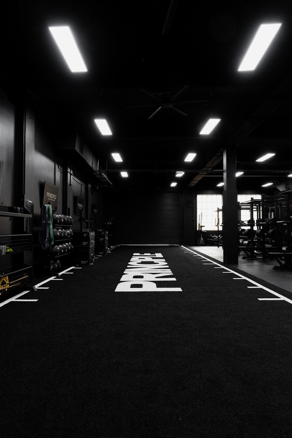 Turf sprint lane, racks and windows in a boutique performance gym by Compound Fitness