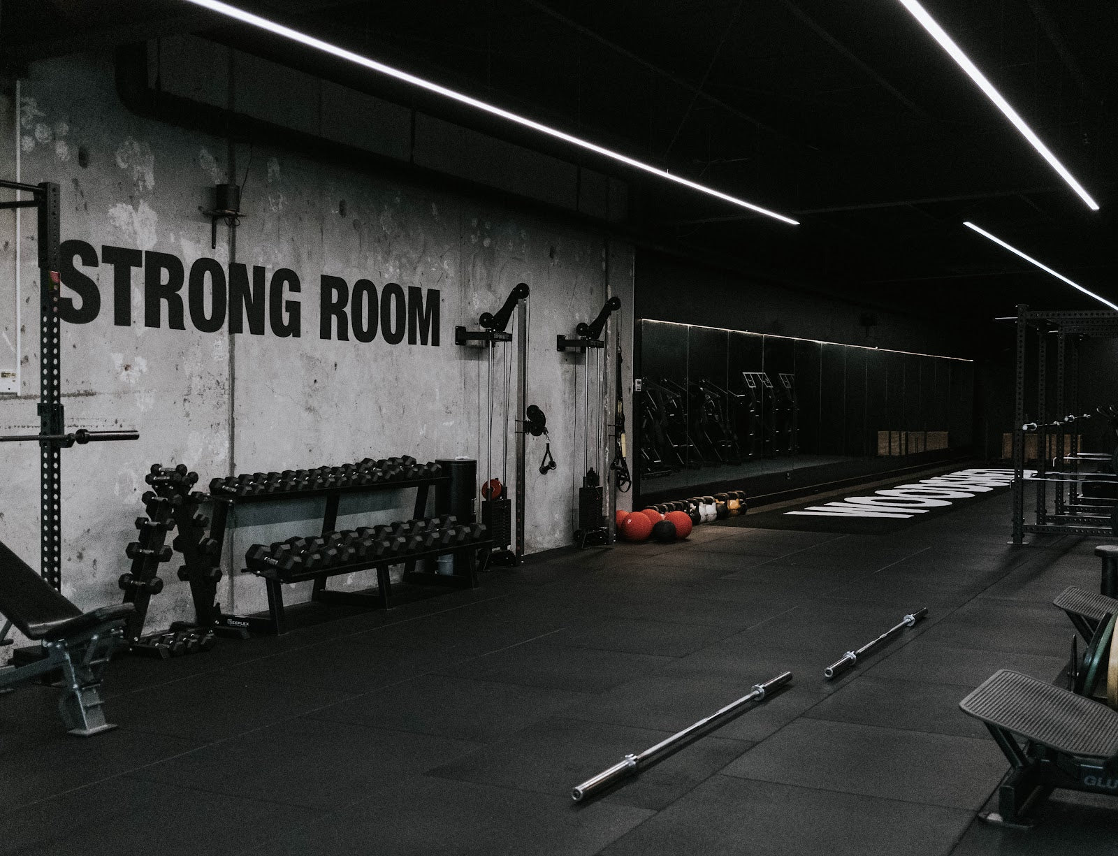 Branded strength room with dumbbells and mirror wall by Compound Fitness