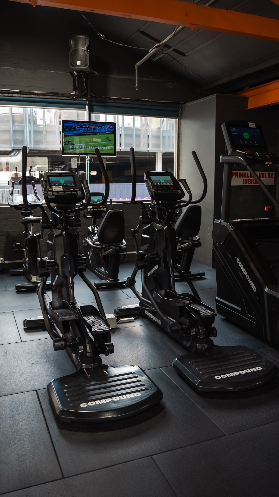 Compound branded elliptical cardio row in a 24/7 gym fitout