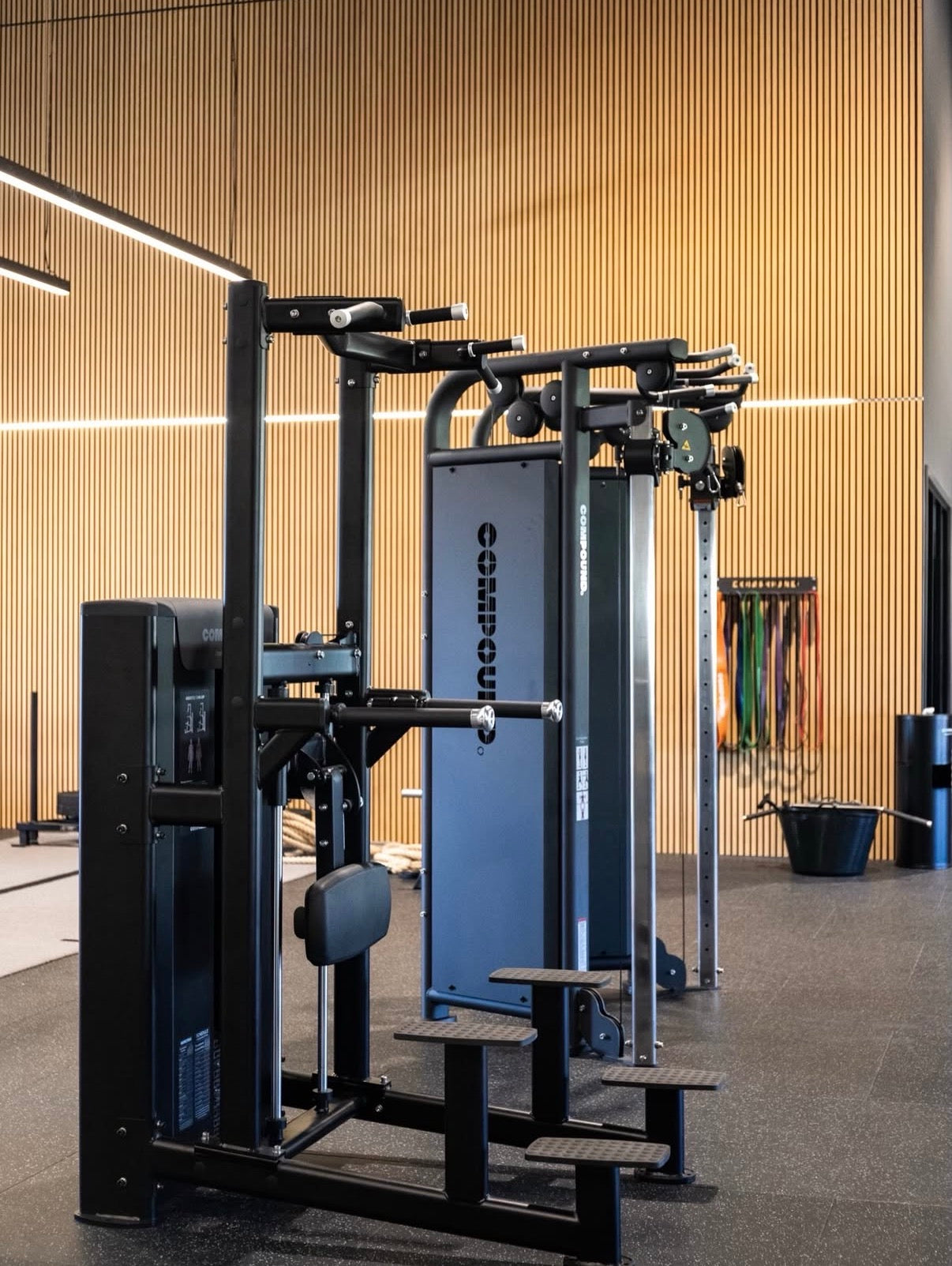 Compound dip and chin assist station against a timber feature wall in a 24/7 gym